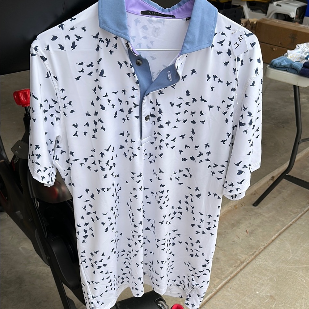 Greyson White and Blue Bird Print Polo Shirt